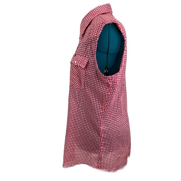 Vintage Wrangler Red Gingham Sleeveless Pearl Snap Western Shirt XL USA Made - Picture 12 of 16